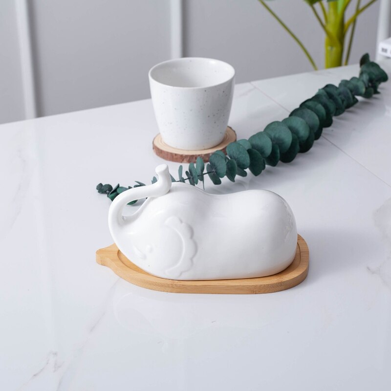 Beurrier éléphant avec couvercle gardien de beurre en céramique grand récipient à beurre en porcelaine porte-Margarine pour cuisine