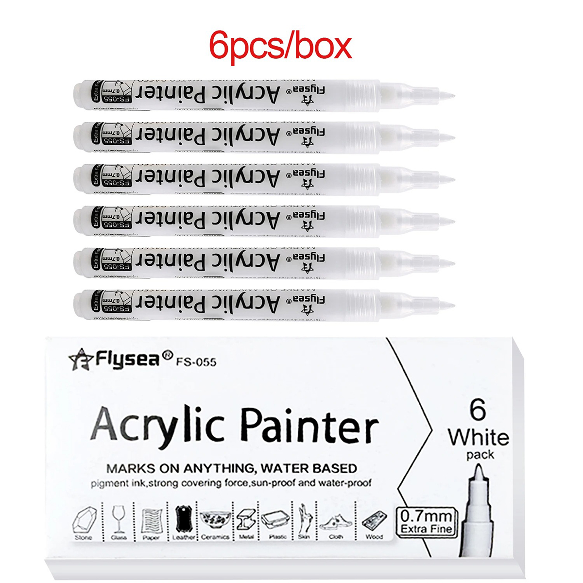 FLYSEA 6 marcadores acrílicos blancos para colorear pintura graffiti producción de bricolaje en la mayoría de las superficies adecuados para estudiantes suministros de arte: Default Title