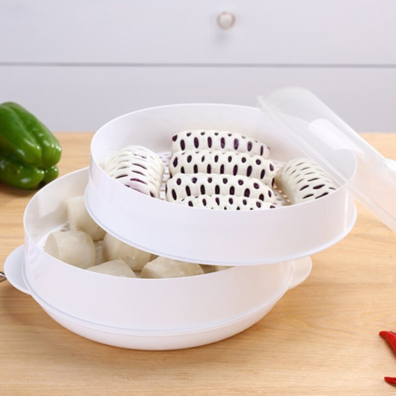 Caja redonda de vapor de alimentos de un solo/doble nivel con tapa para horno microondas, utensilios de cocina para verduras, utensilios de cocina de pescado, plástico ambiental 28GF