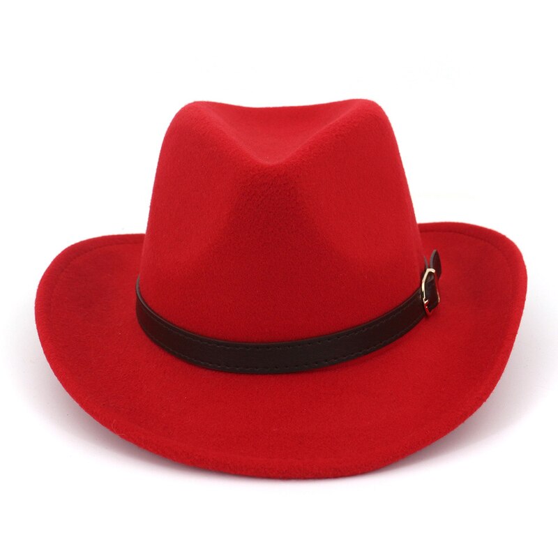 Sombrero de fieltro vaquero de ala ancha para hombre y mujer, sombrero de fieltro de vaquero con hebilla de cuero, estilo panamá Trilby Jazz, europeo y estadounidense