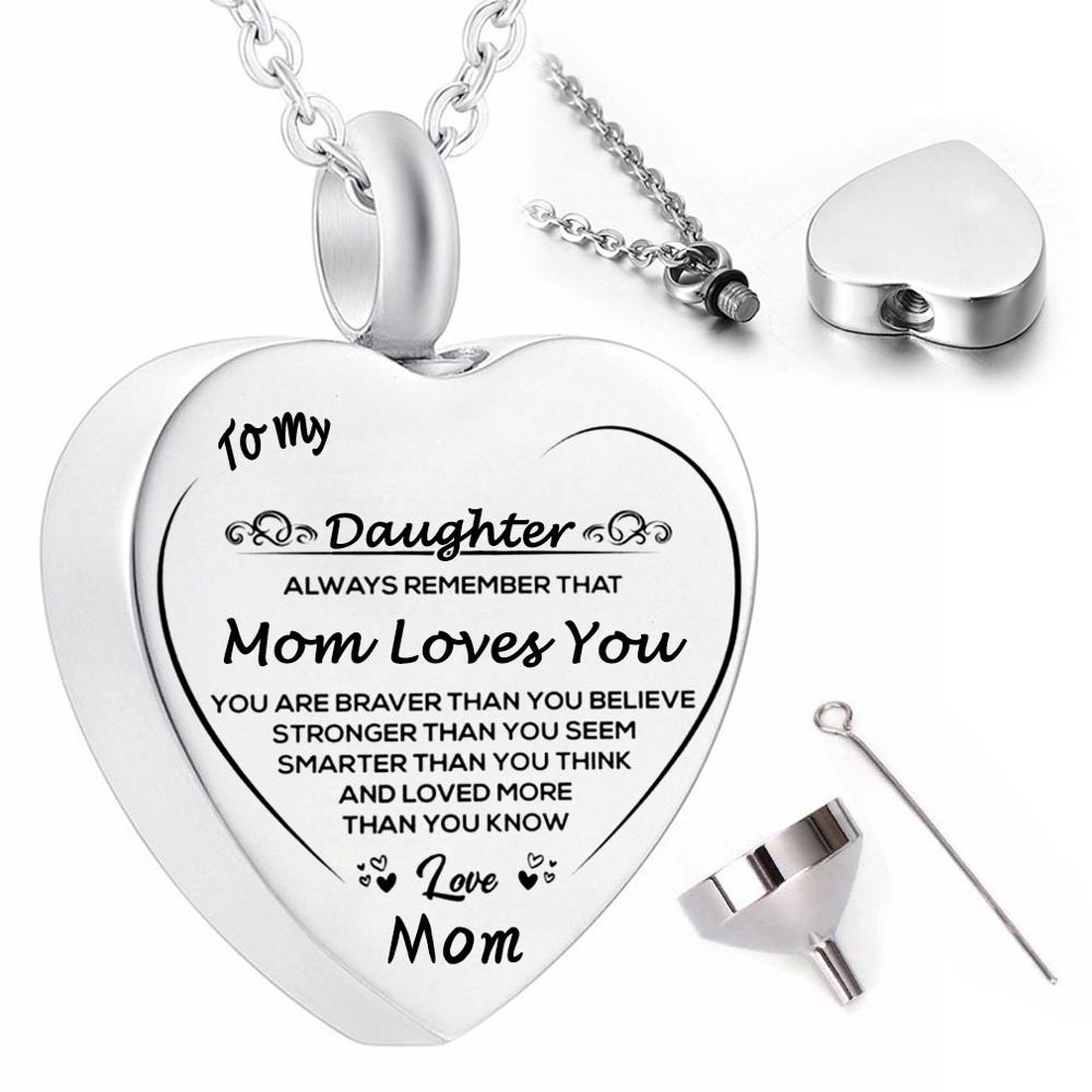 To My Daughter Heart Cremation Urn Necklace for Ashes Urn Jewelry, Carved Locket Stainless Steel Memorial Pendant From Mom& Dad: B for Mom