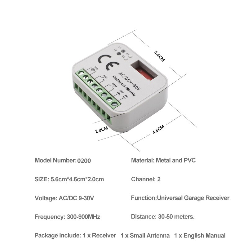 Universal Multi Frequency 300-900MHz Garage Door Remote Control Receiver 2 CH Controller Switch For 433 868 MHz Transmitter