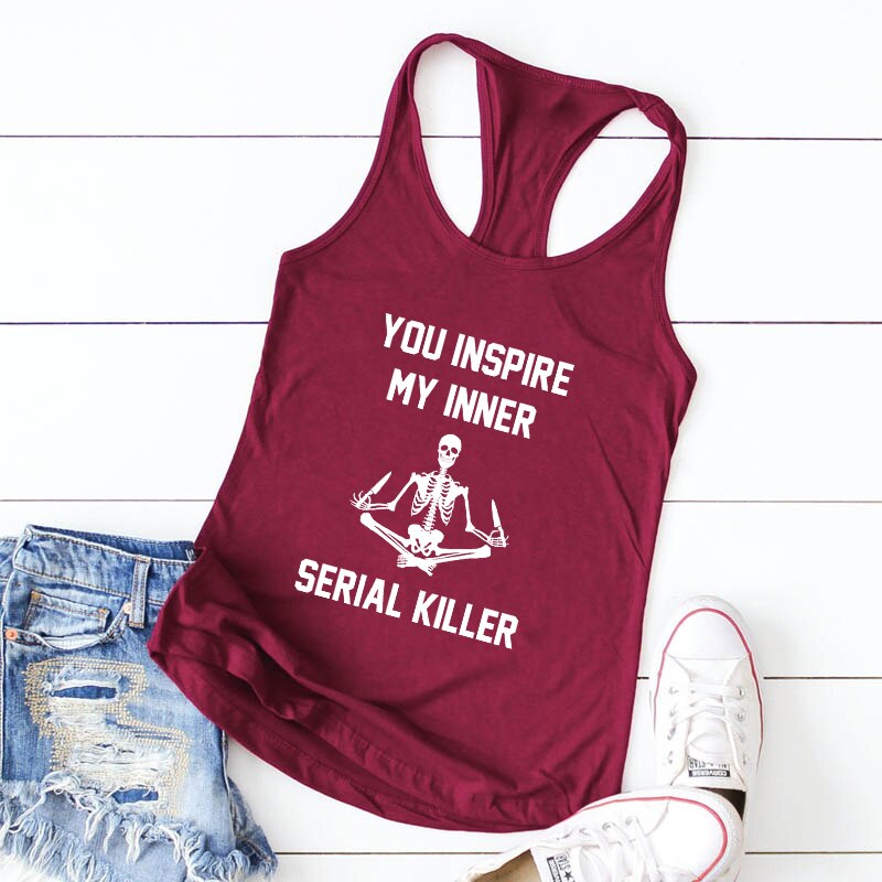 Haut de Yoga sans manches pour femme, haut humoristique, en forme de squelette, avec motif de méditation, mon inspiration intérieure, tueur en série: M / burgundy-white text