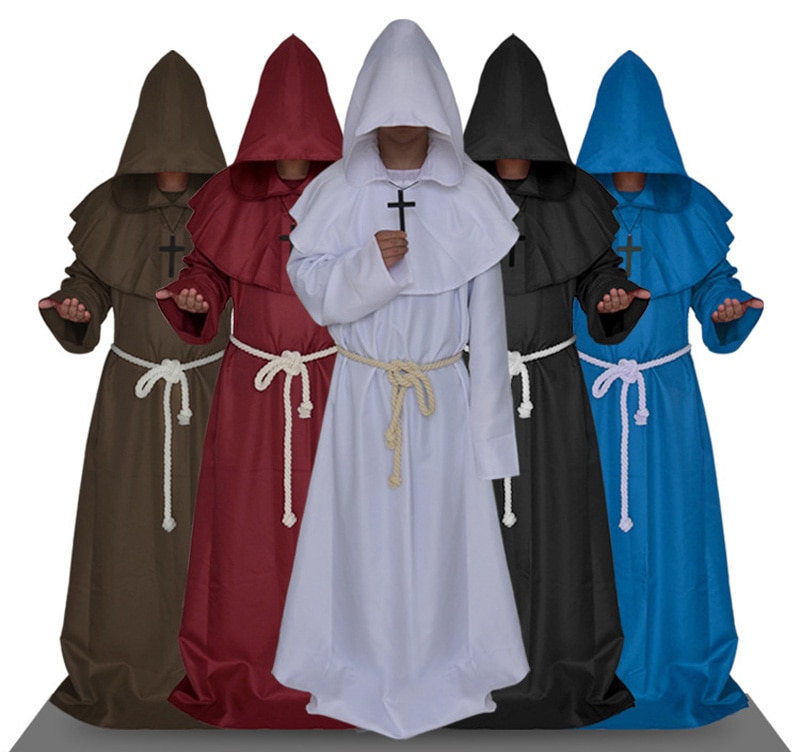 Halloween Costume Medieval Monk Priest Friar Cosplay Hooded Robes Cloak Cowl: White/Blue/Black/Coffee/Red Color