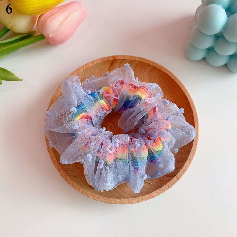 Corea mujeres elástico Kawaii bandas de encaje para el cabello Tie Girls Mesh Scrunchie coleta transparente Arco Iris accesorios para el cabello Headwe: 6