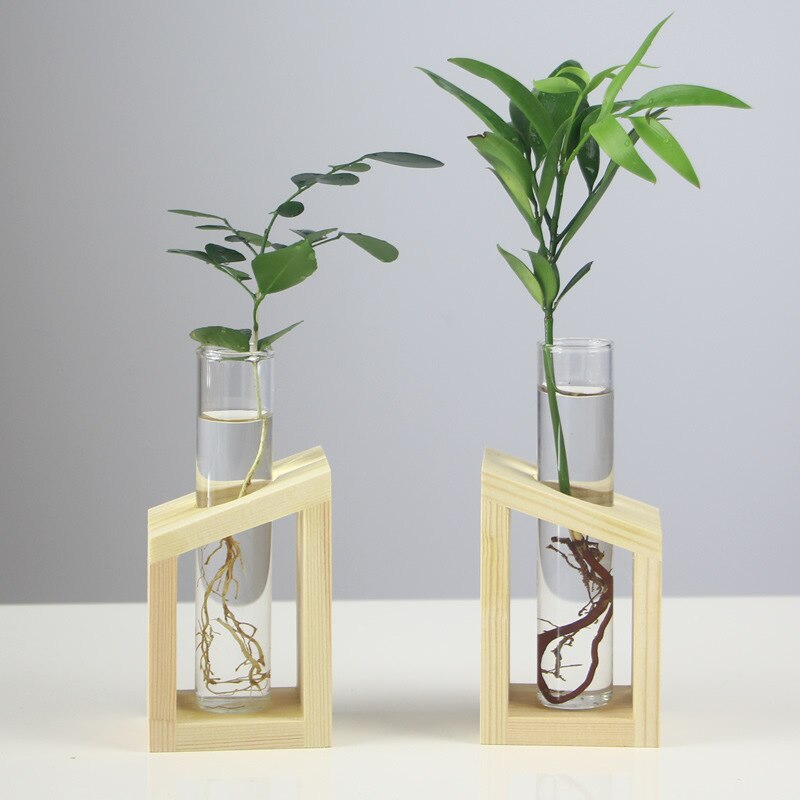 Florero de cristal para el hogar, florero de tubo de ensayo, soporte de madera, macetas de flores para plantas hidropónicas, decoración de jardín