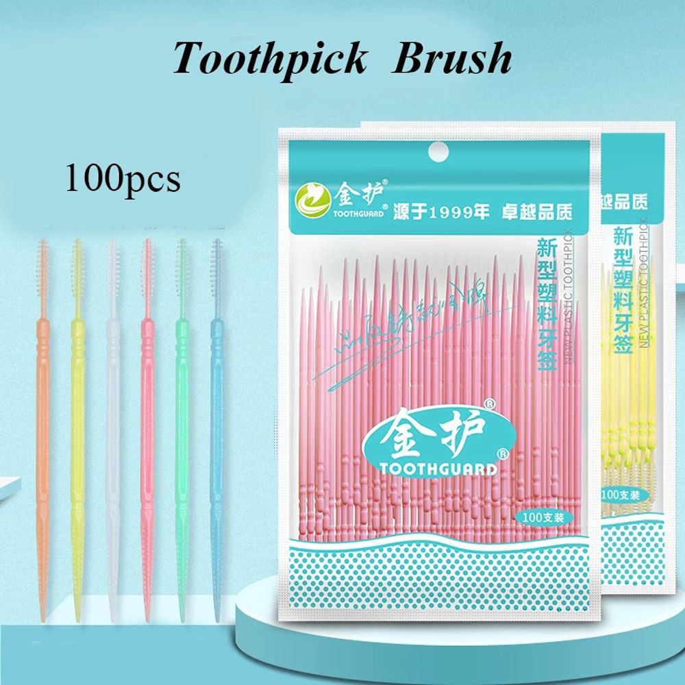 100/200Stck Einweg Süssigkeit Farbe Zahnstocher Pinsel Weiche PP Zahnseide Interdentalbürste Zahnstocher Stock Doppel-kopf Interdentalbürste pinsel