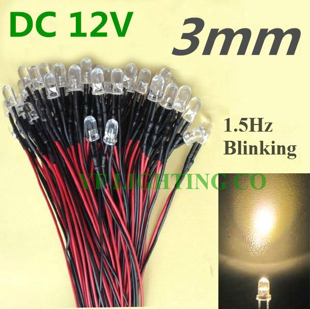 3mm Prewired LED High bright White 20cm 12V Pre Wire 1.5Hz Blinking indicator leds