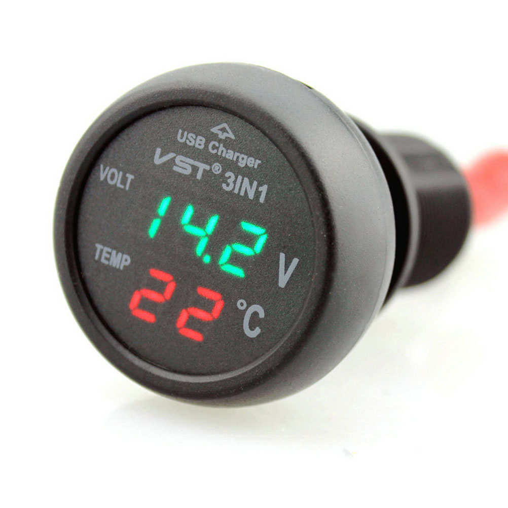 12-24V Autolader Socket met Usb-poort/Voltmeter/Thermometer voor Auto Vrachtwagen (Groen + rood) a20
