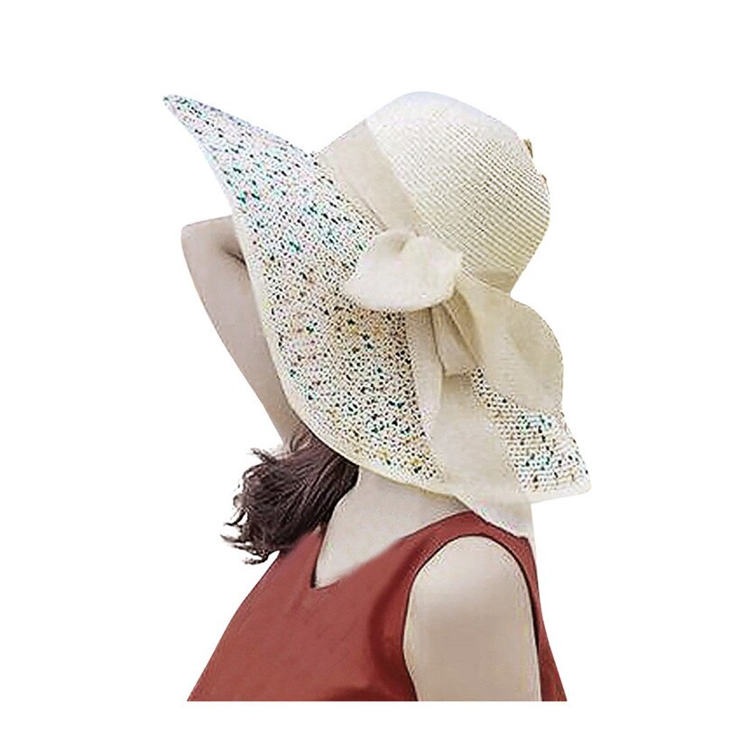 Kvinder farverige strå-sløjfehat med stor skygge solfloppy brede skyggehatte solsejl kasket strandsportshat  #4 m 12: Beige