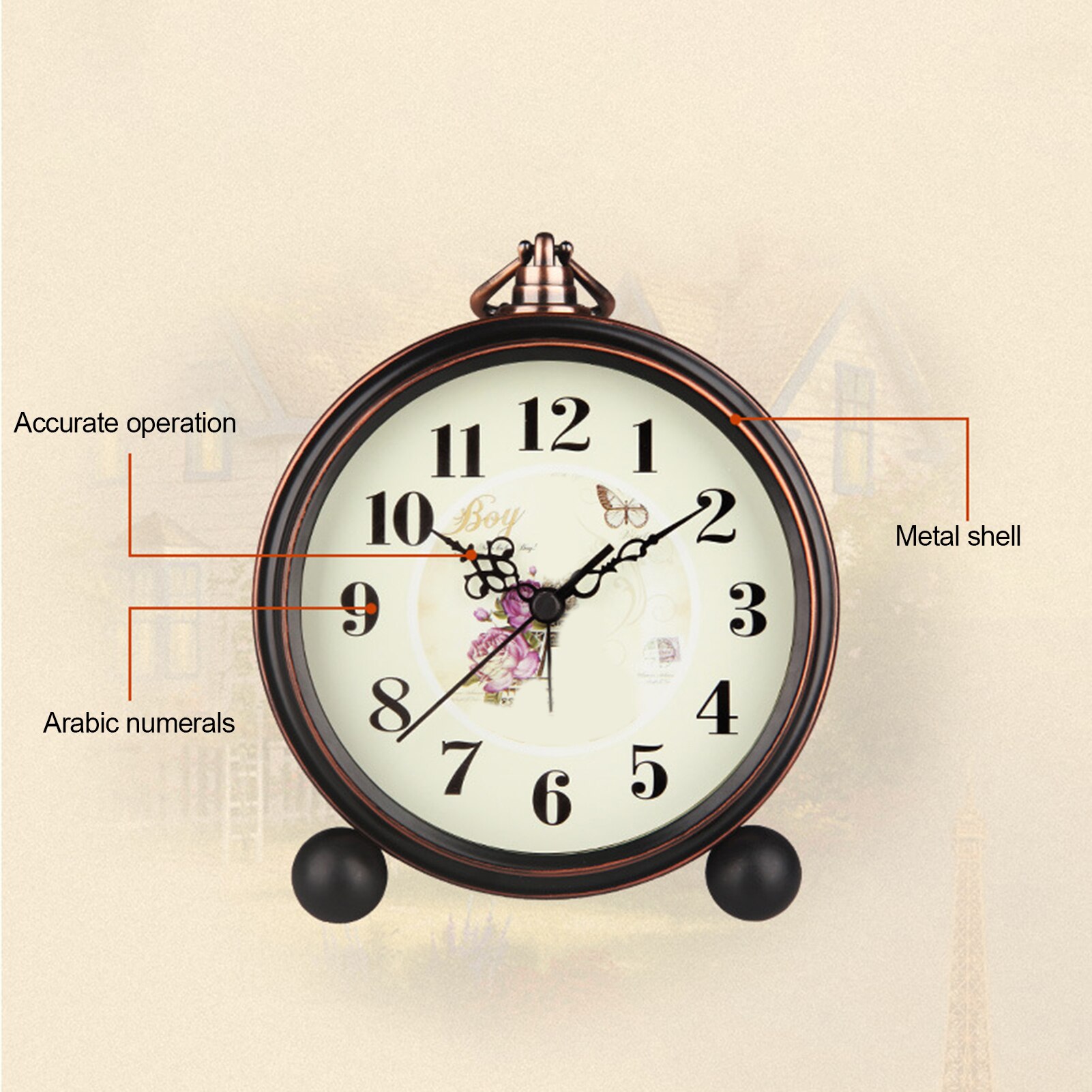 Vintage Desktop Metal Flower Bird Pattern Silent Alarm Clock with Hollow Pointer