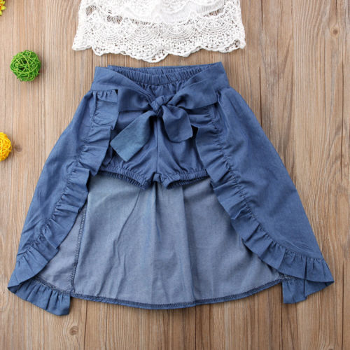Summer Princess Girl Kid Lace Off-shoulder T-shirt Top Blue Jeans Shorts Bowknot Skirts Party Children 2Pcs Outfits