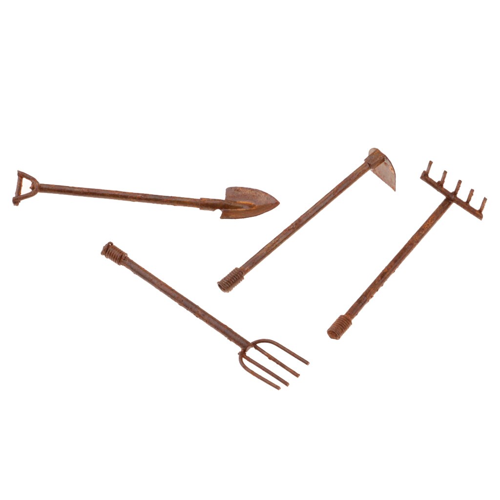 Poppenhuis Miniatuur Oude Metalen Schoppen Schoffel & Pitchfork Set Tuin Decor