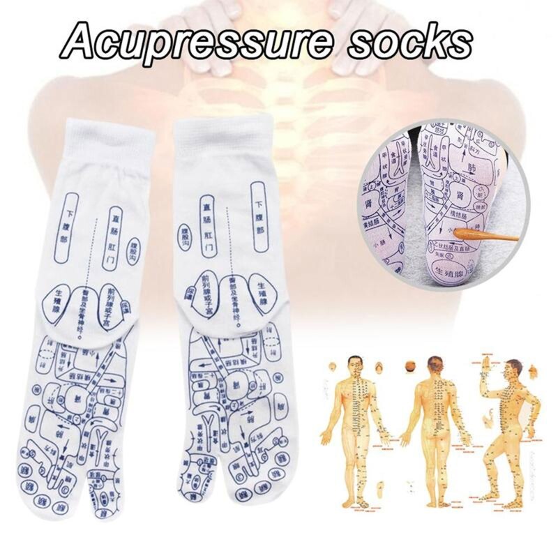 Femmes Hommes Acupression Réflexologie Chaussettes 2 Bout Fendu Massage des Pieds Soulagement De La Douleur Méridien Bonneterie avec Points D&#39;acupuncture Graphique