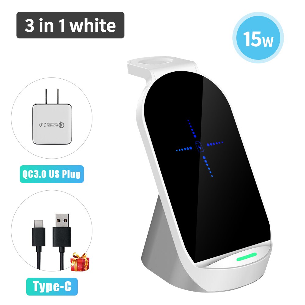 3 in 1 15w Qi Quick Wireless Charger Stand Dock For Apple Watch AirPods iPhone Samsung Xiaomi Phone Fast Induction Charging: 3 in 1 White US