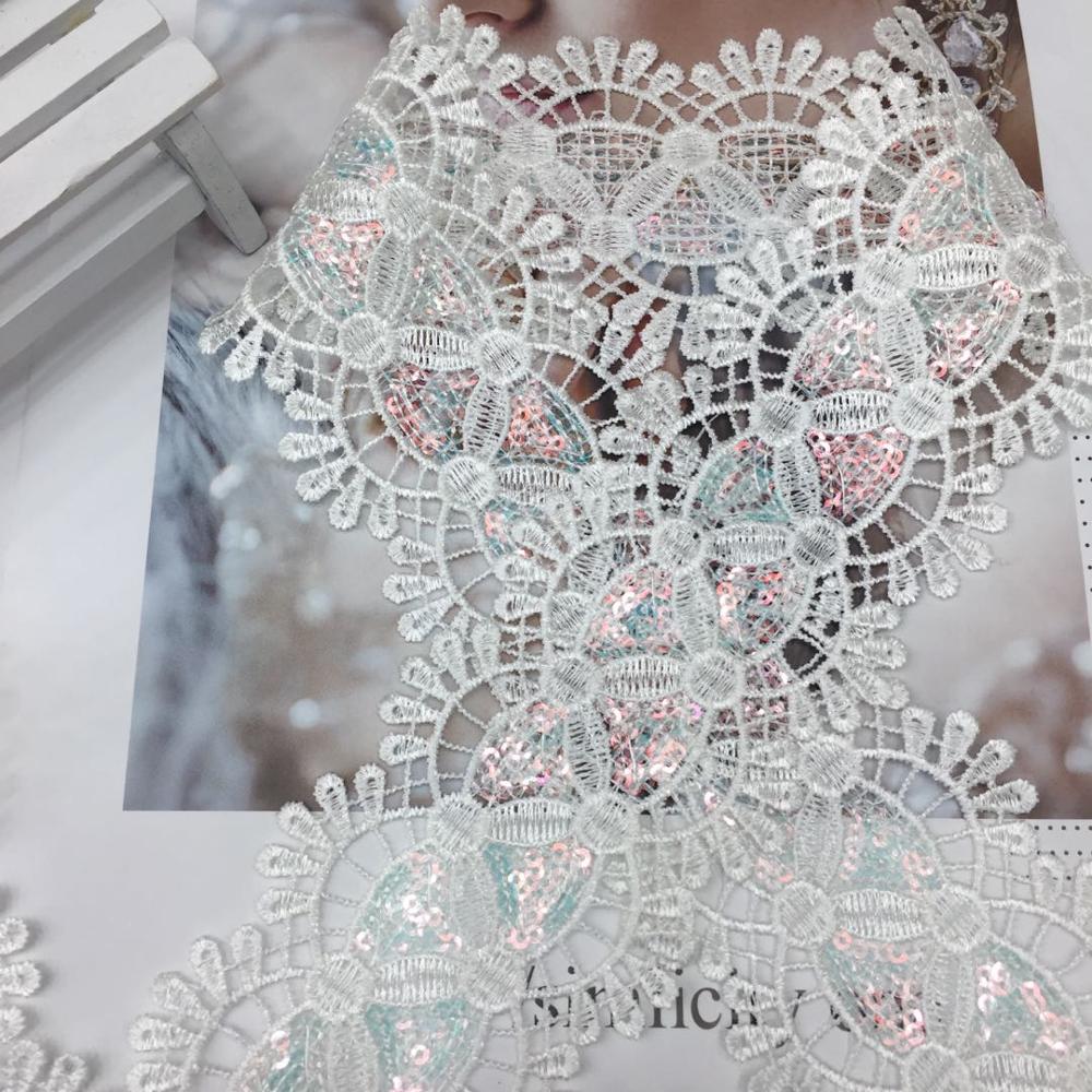 White Ivory Wedding Lace Fabric Bridal Lace Appliqued Border Flower Sequined Embroidered Fabric Sewing Apparel Lace Trims