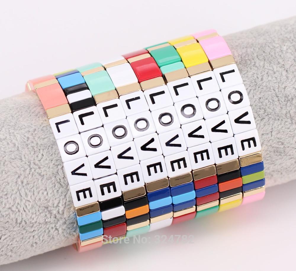 3- strengs tegelarmband, tila-armband, rekbare armbanden met emaille liefdesbriefkralen