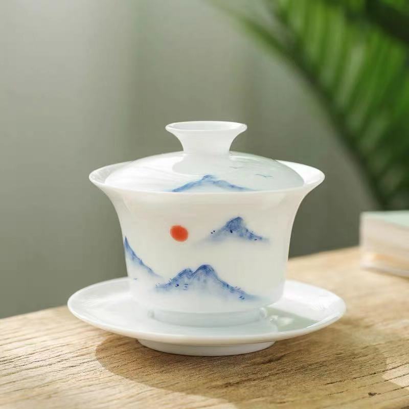 Ręcznie malowane na niebiesko-i-biała porcelana Gai blady Cha filiżanka ceramiczna królowa Sancai miska herbata Kung Fu skorupa jajek soopera De Ceramica Gaiwan: pokrywa bowl E