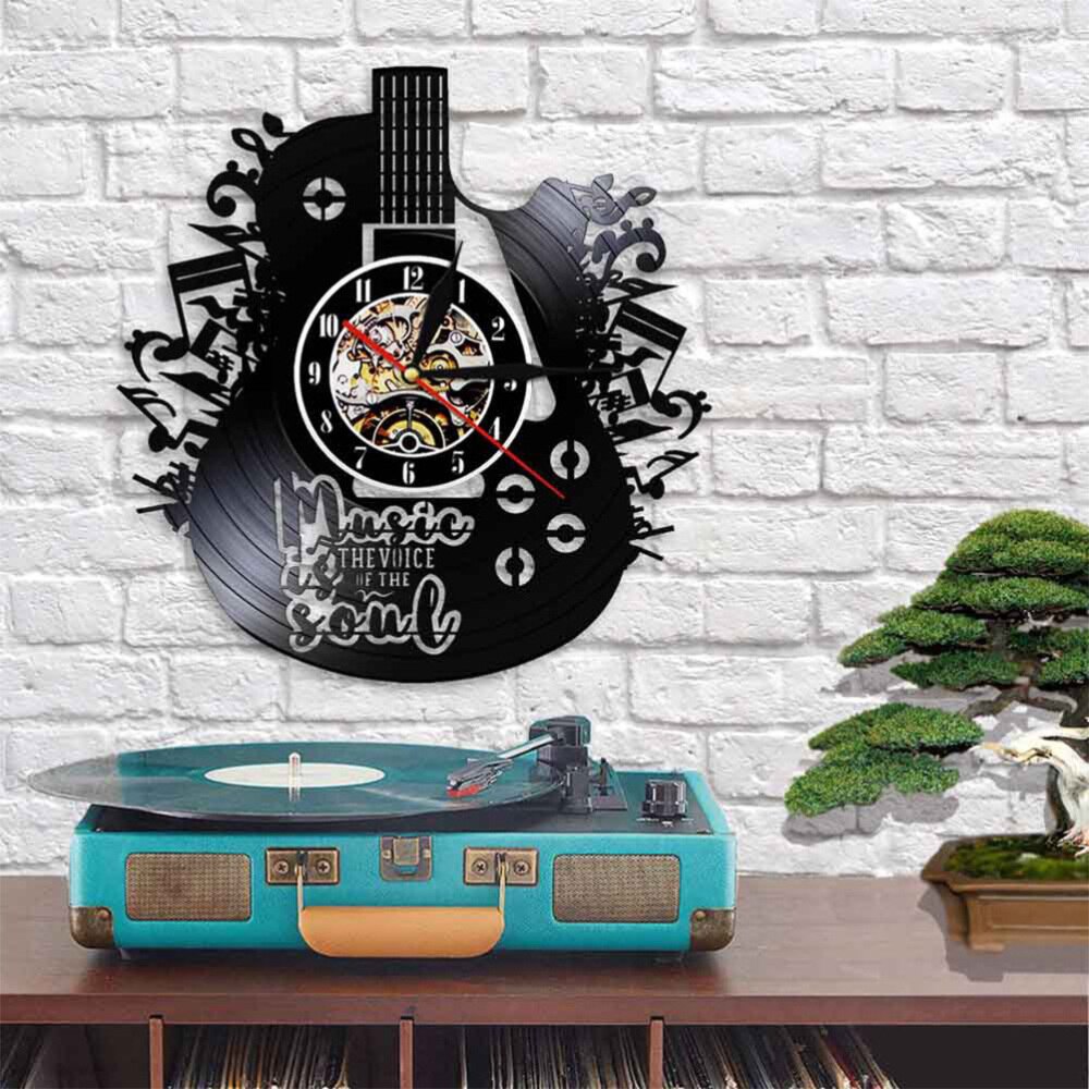 1pc Vinyl Record Wall Clock Guitar Shape Wall Hanging Clock Decorative LED Clock Without Lamp (As Shown)