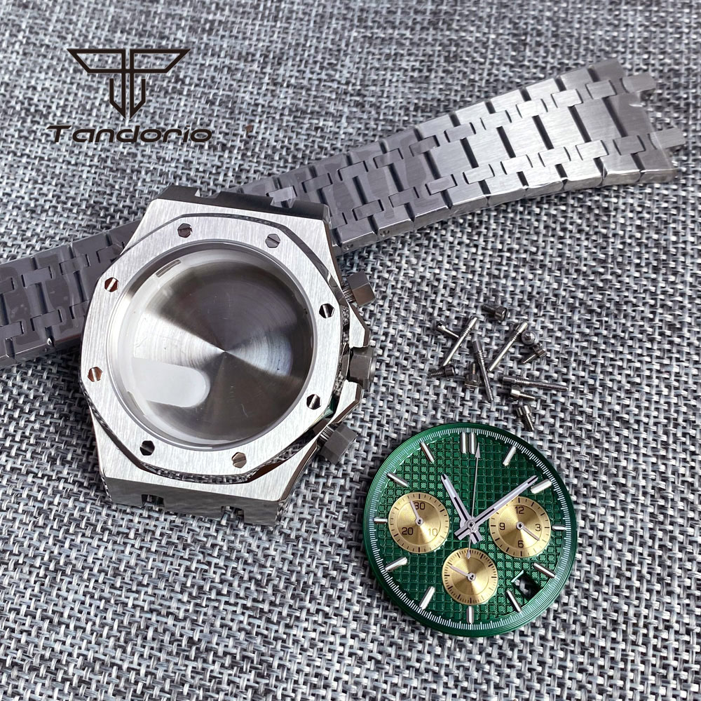 Roestvrijstalen Geborsteld 42Mm Horlogekast Armband Achtkant Bezel Saffier Crystal Fit Vk63 Vk64 Chronograaf Quartz Uurwerk: Zalm