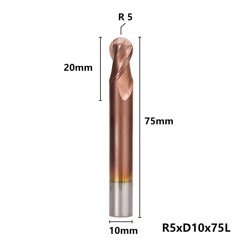 2 Flute End Mill CNC Ball Nose End Mill HRC 50 Router Bits TiCN Coating R0.5-6.0 Tungsten Carbide Engraving Milling Cutter: R5xD10x75L