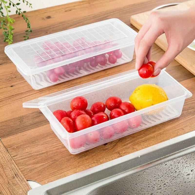 Food Fresh Storage Box Kitchen Fridge Crisper Drain Storage Fruit Organizer Box Meat Food Fish Fresh Seal Container Rectang A9D6