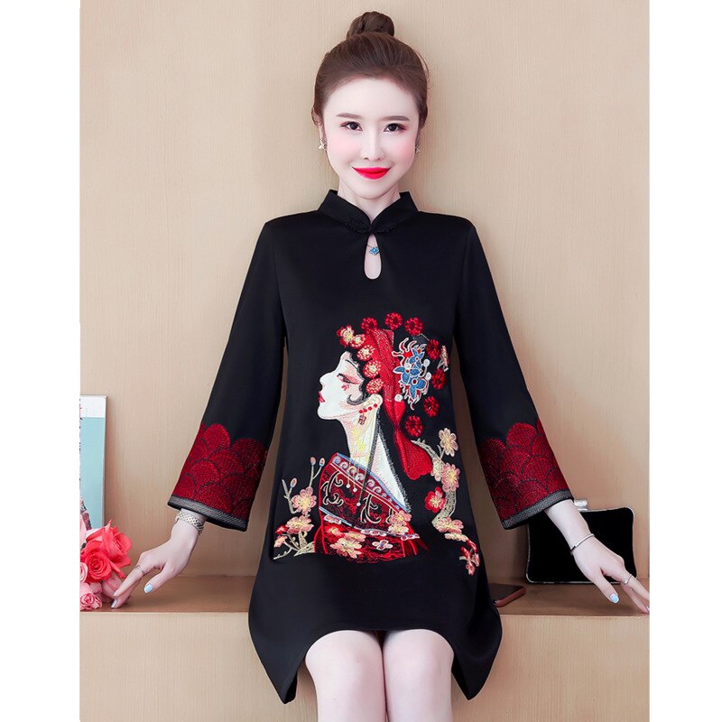 Qipao negro y rojo bordado para mujer, vestido chino Vintage de estilo étnico, Cheongsam moderno, novedad de otoño, 2022