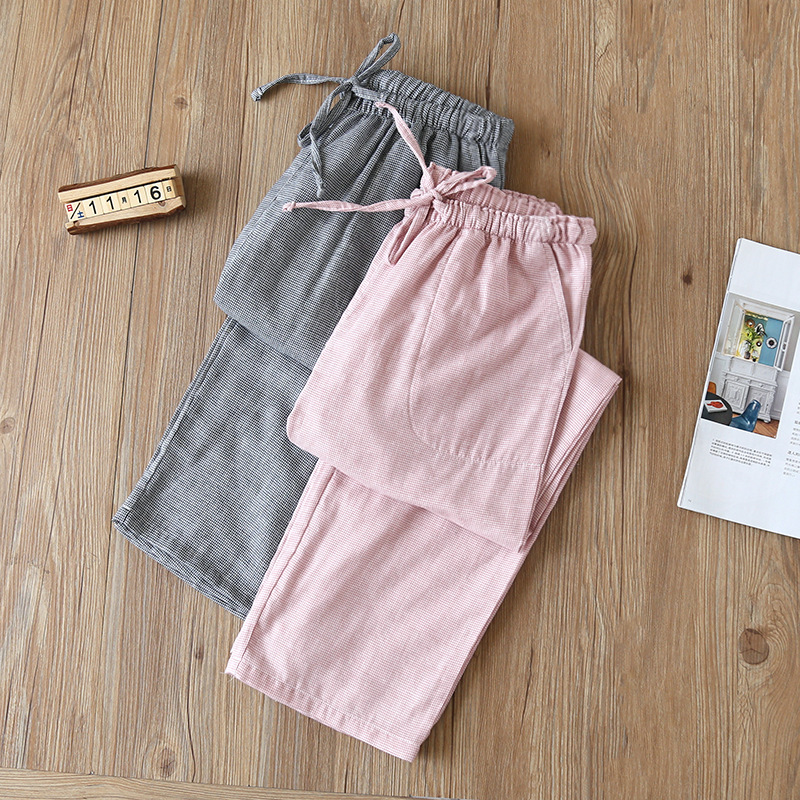 Women's Trousers Cotton Gauze Spring / Summer Thin Plaid Home Pants Loose Men Pajamas Elastic Waist Sleep Bottoms Lounge Pants