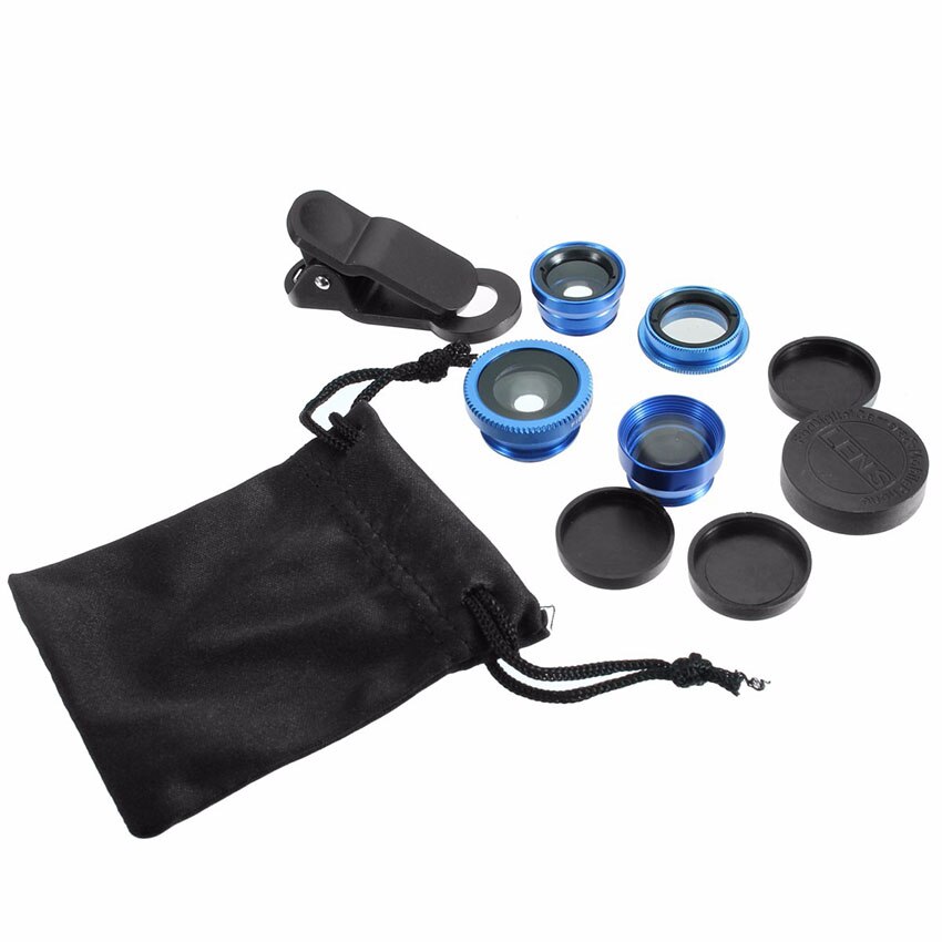 5 in 1 Clip Fisheye Wide Angle Macro Camera Phone Lens Kit For iPhone Samsung: Blue