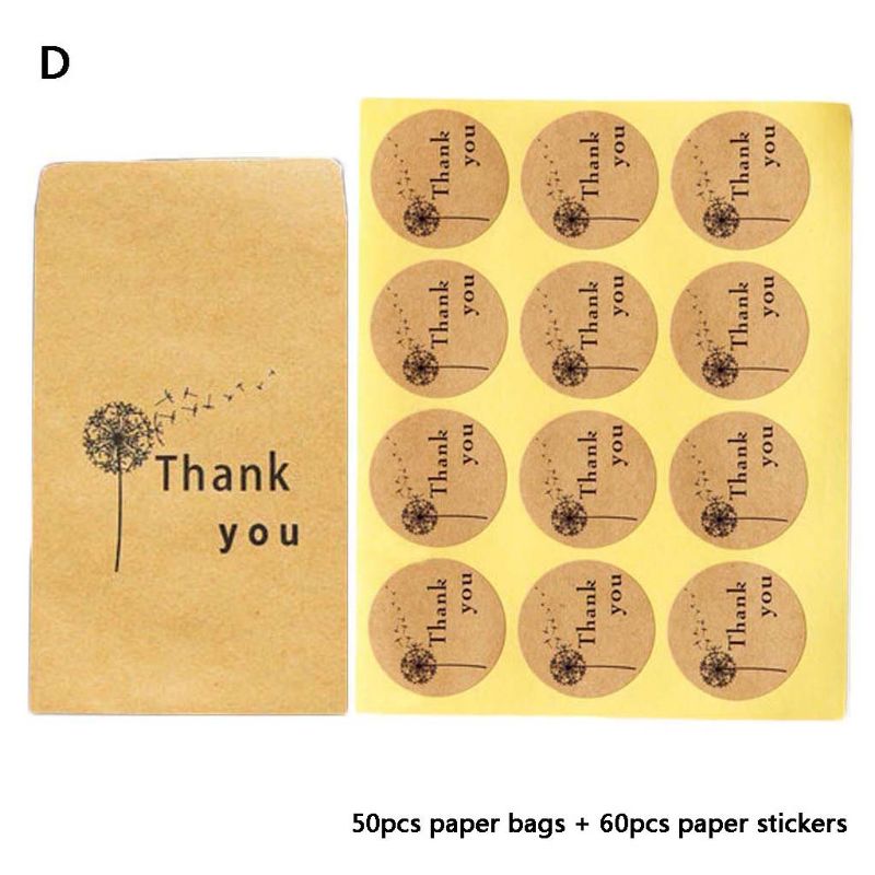 50pcs Kraft Paper Bag with 60pcs Thank You Round Label Stickers for Candy Package Bags Wedding Party Favors Suplies