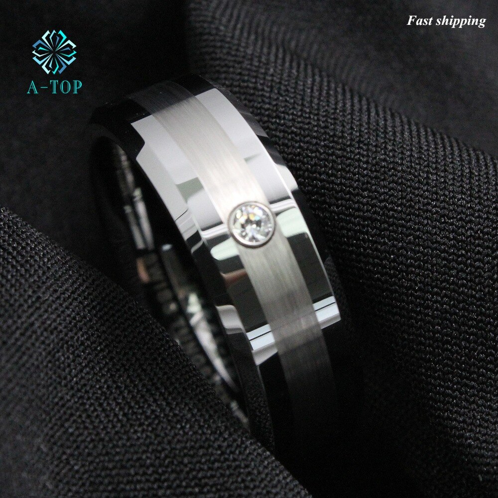 Men's Tungsten Carbide brushed ring luxury CZ Inlay comfort fit Wedding Band Ring
