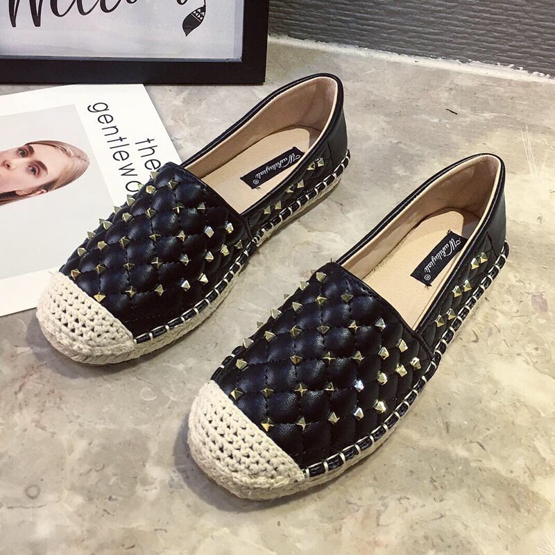 Rivet Stud Loafers Women Flats Hemp Shoes Round Toe Espadrilles Female Slip On Casual Shoe Woman Spring Autumn Moccasin: Black / 36