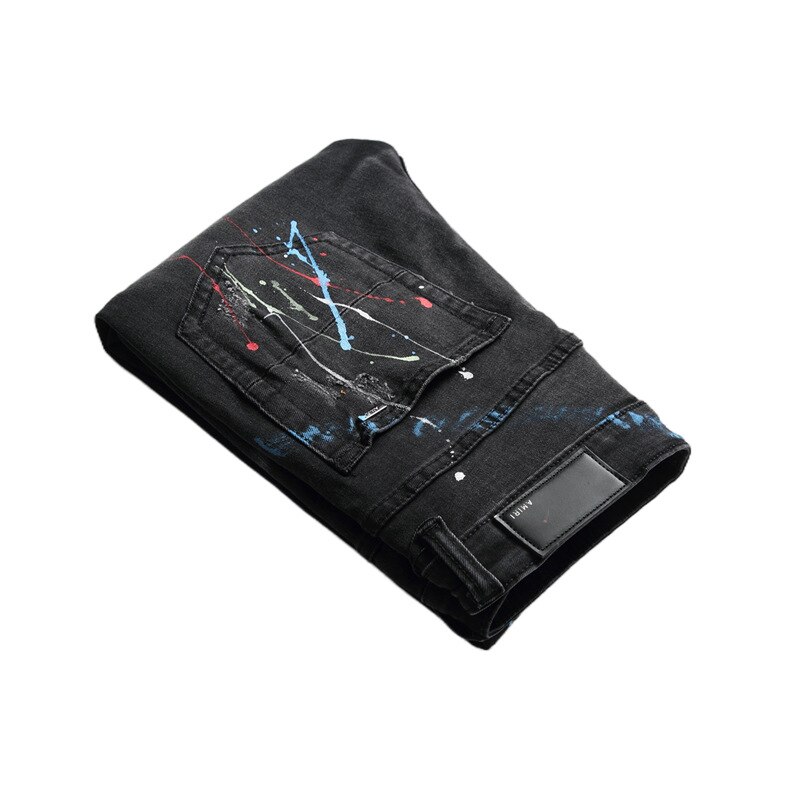 Pantalones vaqueros rasgados para hombre, Jeans elásticos negros pintados con espray, informales de calle alta, ropa de Hip-hop, primavera y otoño de 2022