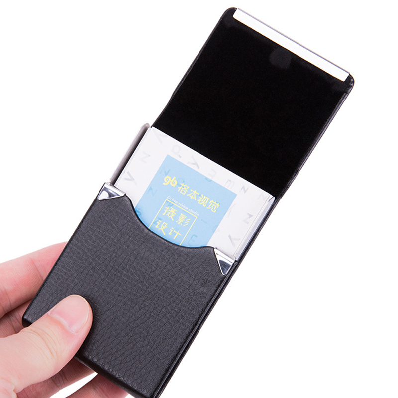 1-delige visitekaartjeshouder voor heren, slank PU-leer, metalen zakkaarthouder met magnetische sluiting, zwarte naamkaarthouder