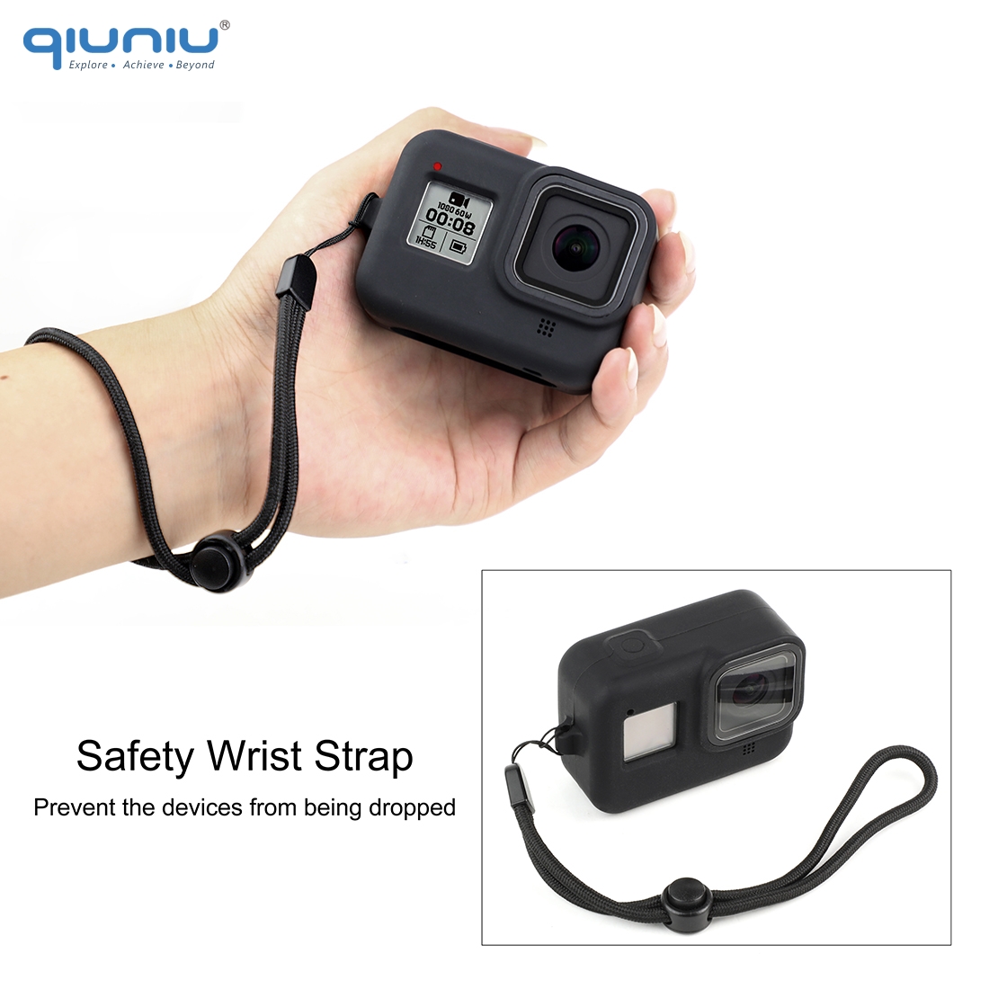 QIUNIU Soft Silicone Protective Case Cover Skin Sleeve + Safety Wrist Strap Lanyard for For GoPro Hero 8 Black Go Pro Accessory