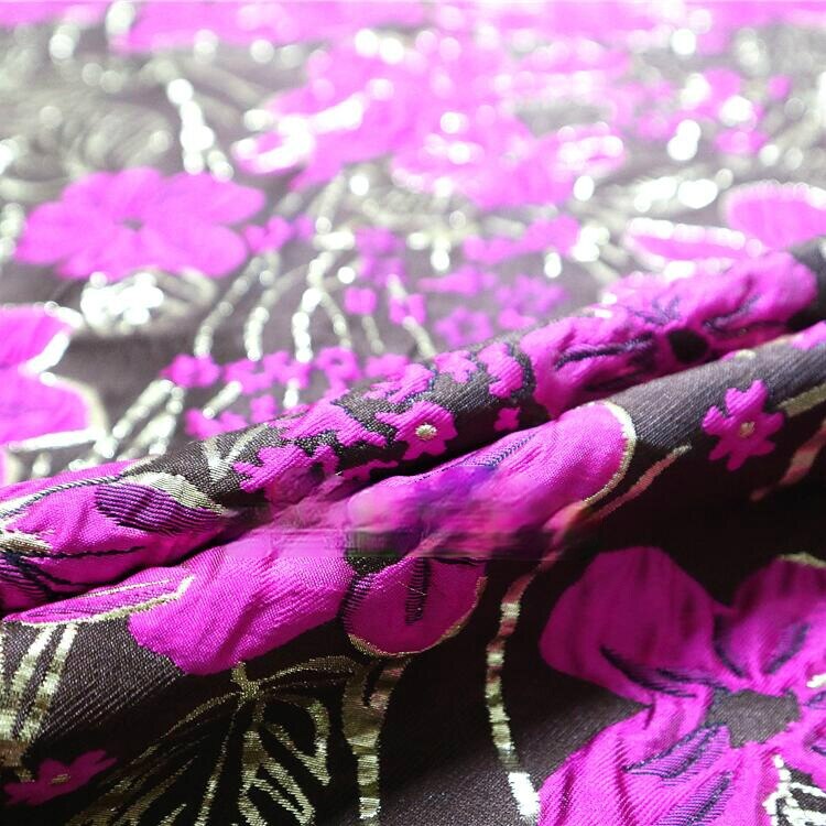 Tissu Jacquard Brocart Ethnique - Faux Satin Soie, Motif Floral Noir - Vente Au Mètre