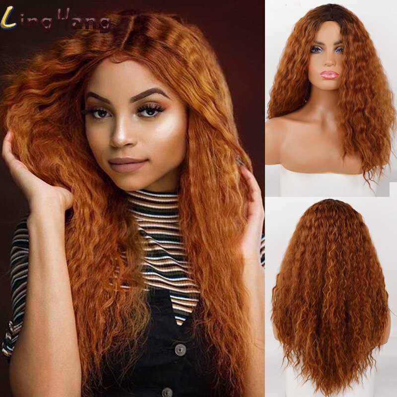 Peluca larga ondulada negra de LingHang, pelucas onduladas sintéticas para mujeres negras, pelucas de parte media Natural, pelo resistente al calor: MS3001