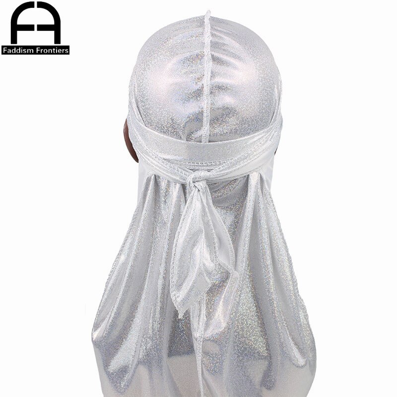 Men's Silky Sparkly Durags Turban Men Durag Shiny Du Rag Bandanas Hat Headwear Headband Hair Accessories Extra Long Tail Du-Rag: White
