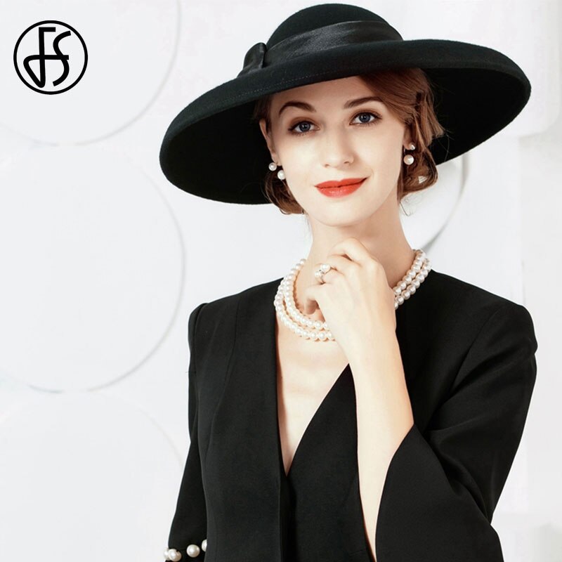 Fs fedora hoeden dames grote rand zwarte wollen hoed winter vilt kerkhoed voor bruiloft bolhoed cloche hoeden derby sombrero vrouw