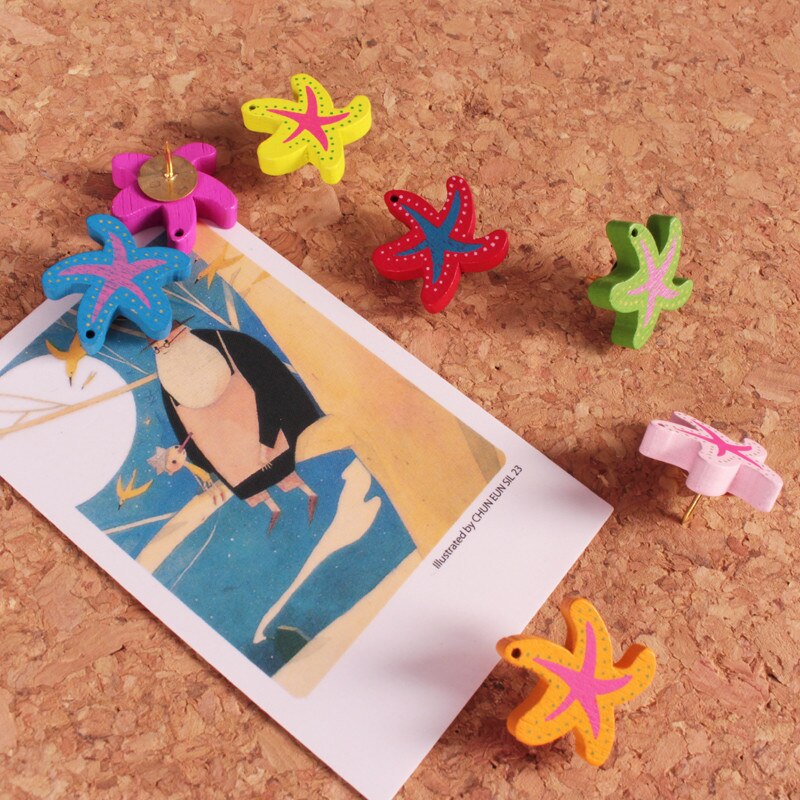 7pcs Beautiful Starfish Wood Push Pin Thumbtacks Decorative Diy Tack Pin for Cork Cartoon Photo Wall Pushpin Office Materials