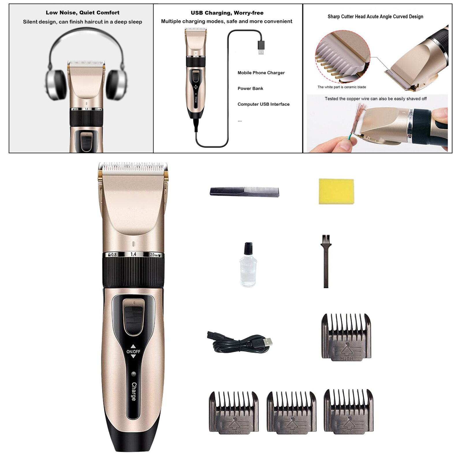 Tondeuse électrique USB à faible bruit pour barbe, Kit de coupe de cheveux avec tête en céramique