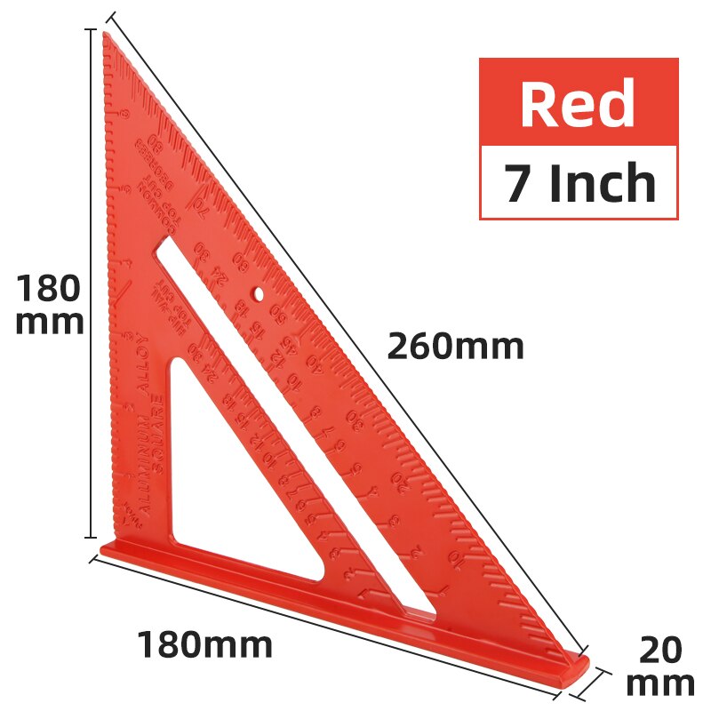 Driehoek Heerser 7Inch 90 Graden Hoek Aluminium Square Heerser Gradenboog Houtbewerking Set Pleinen Driehoekige Meters Metric/Cm: 7Inch Red