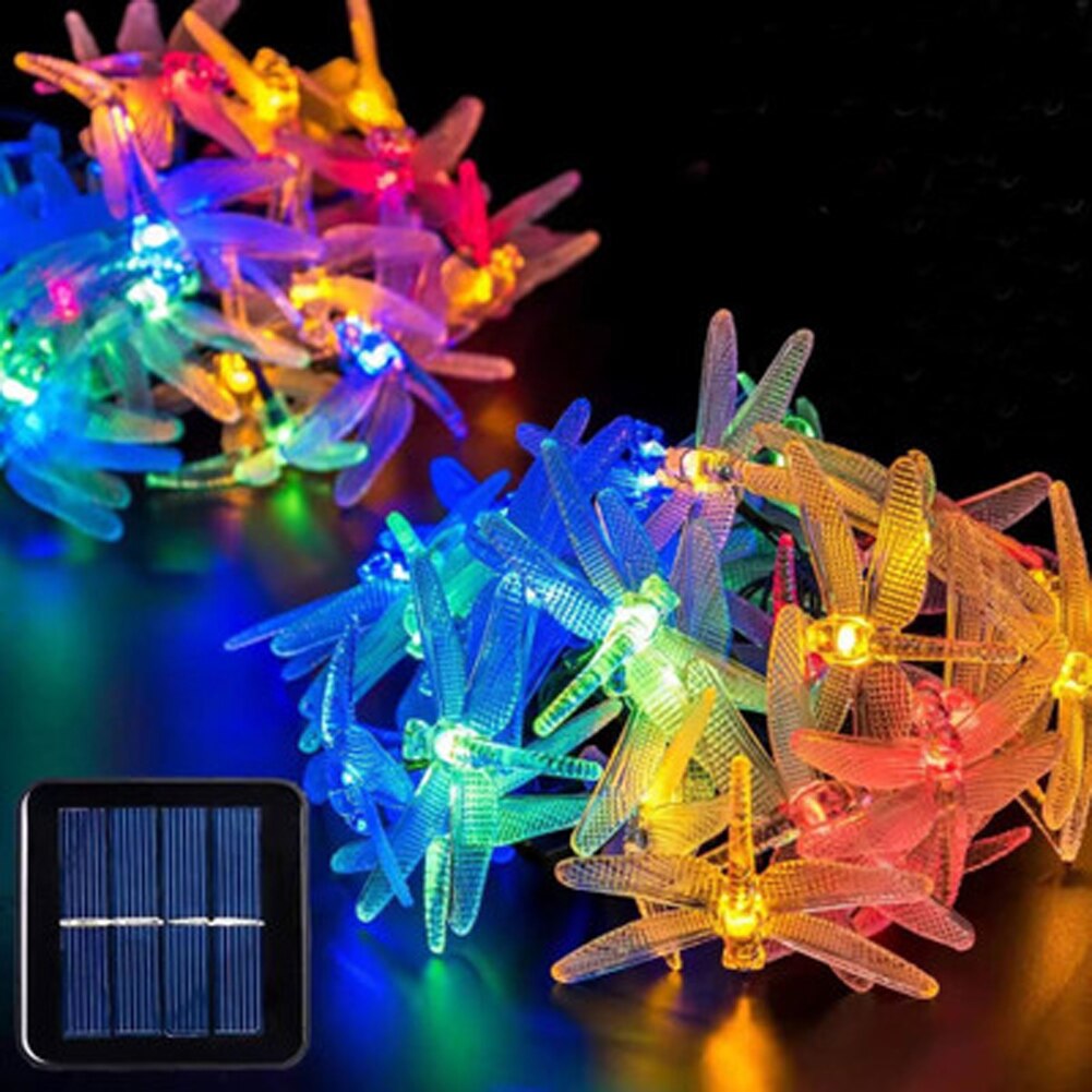 Zonne-libellen lichtsnoer met led-kleurige buitenlantaarns, energiebesparende decoraties voor feestjes, halloween en kerstmis.