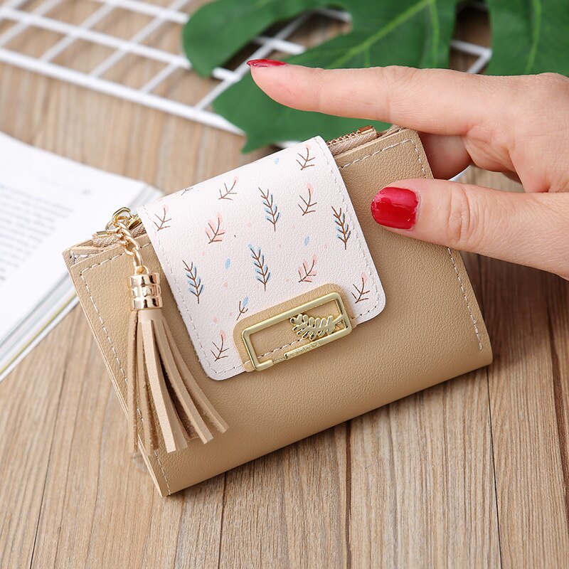 Kwastje Vrouwen Portemonnee Kleine Leuke Portemonnee Vrouwen Korte Lederen Vrouwen Portefeuilles Rits Vouwen Portemonnees Vrouwelijke Portemonnee Clutch: Khaki