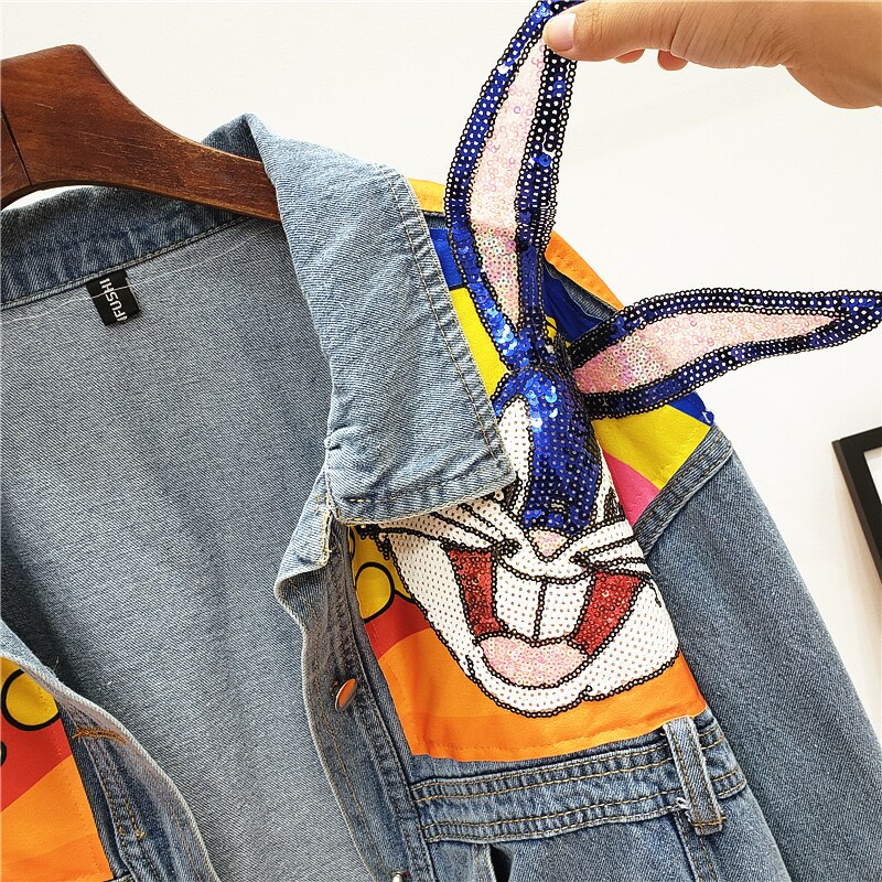 Chaqueta vaquera con estampado de dibujos animados para mujer, chaqueta vaquera con lentejuelas para mujer, ropa de calle, abrigo vaquero de manga larga, prendas de vestir holgadas, novedad de Otoño de