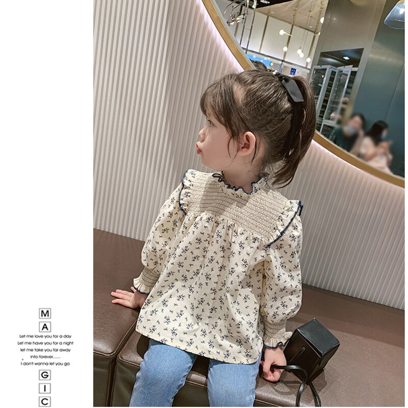 Ropa de manga larga para niñas pequeñas, Blusa de flores de primavera, camisas florales fruncidas, Top de estilo coreano