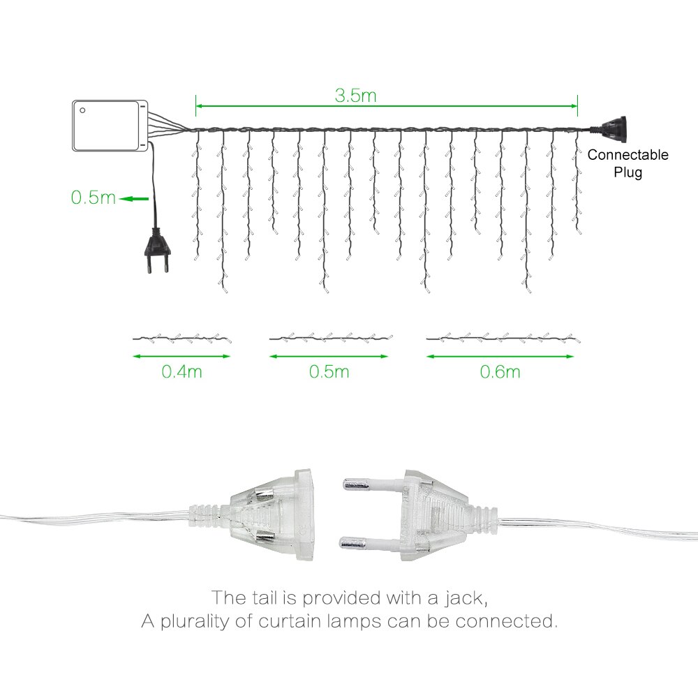 Rideau lumineux à 96LED, 0.4-0.6m, 4m, pour extérieur, mariage, noël, guirlande féerique scintillante, prise EU/US