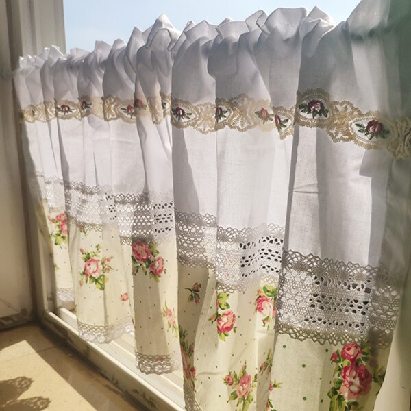 Katoenen Draad Kant Korte Gordijn. Beige Gedrukt Stof Kast Gordijnen. Versierd Half Gordijn Koffie Curtaintain. De Sluier Curta: 40cm  150cm