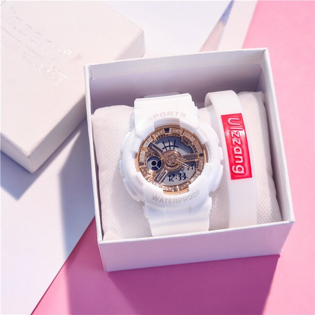 Unieke dameshorloges, wit dames sporthorloge, waterdicht, dual time led digitaal horloge voor meisjes en jongens, trendy: Witgoud