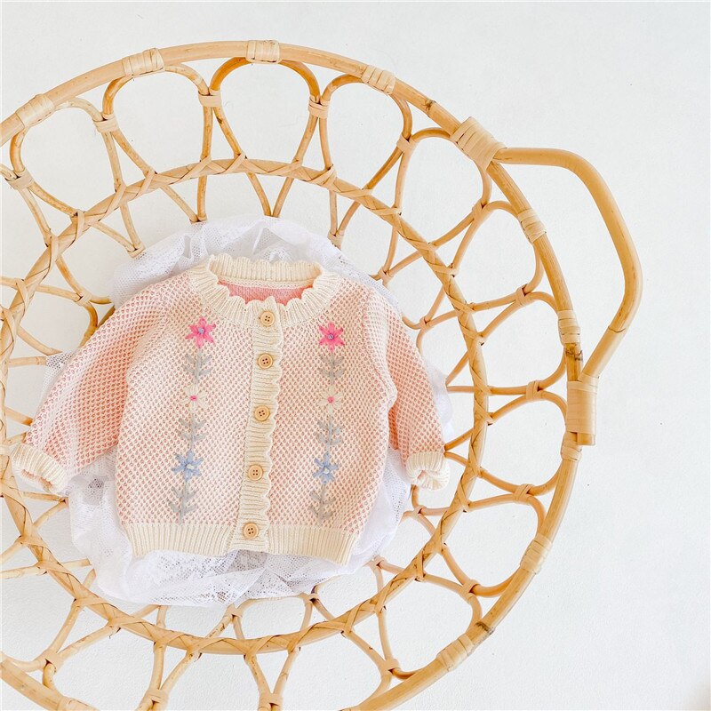 0-24M Baby Girl’s Winter Warm Long-sleeved Cardigan Sweet Embroidered Round Neck Single-breasted Knitted Coat Outwear Tops